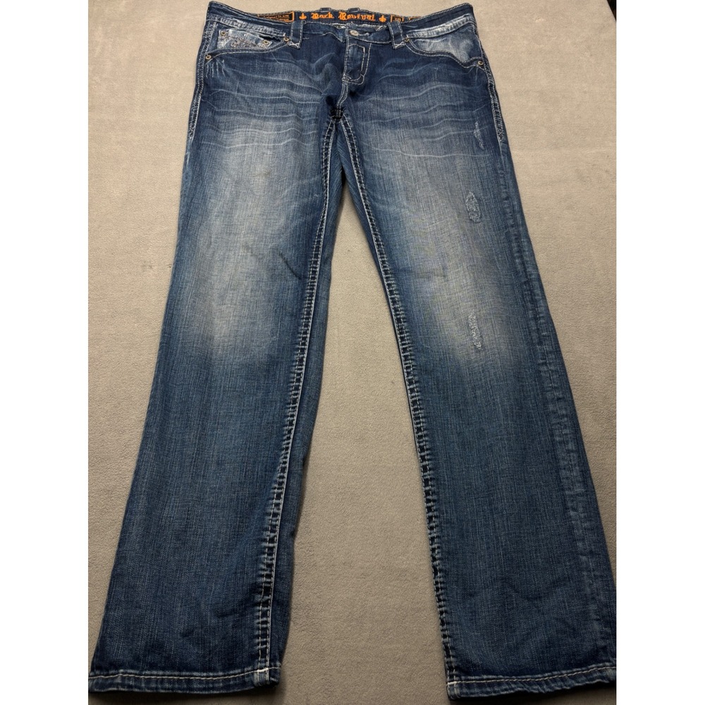 Rock Revival Kyle Alt Straight Blue Jeans Distressed Mens 38 Fleur De Lis Y2K